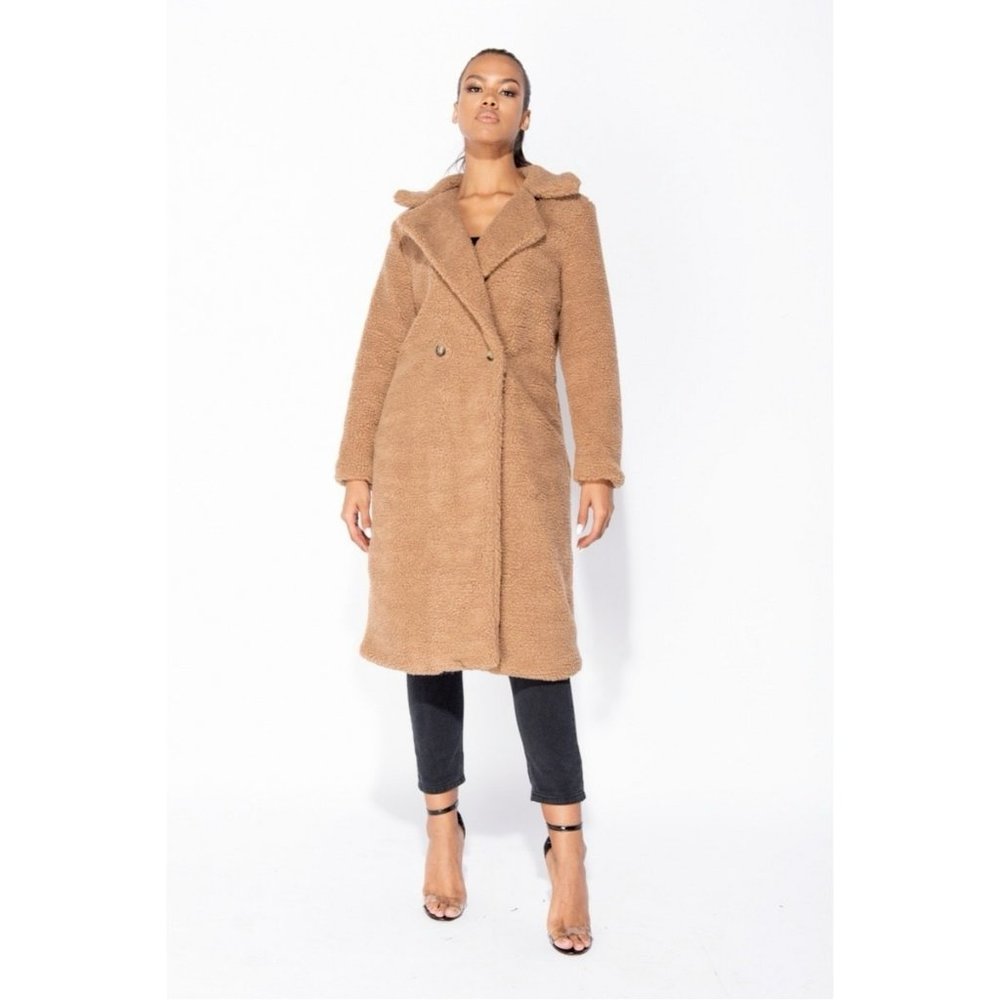 Brown Double Breasted Long Sleeve Long Maxi Borg Teddy Bear Fur Coat - Picture 2 of 11